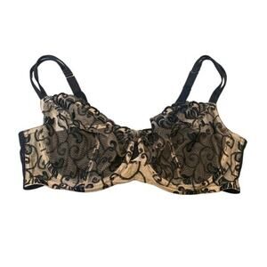 Cacique Lace Underwire Bra Tan‎ Black Floral Sheer Size 44DD